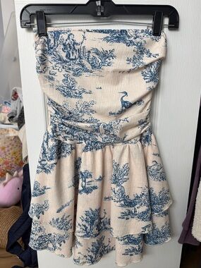 Cider Strapless Toile-Print Mini Dress in Cream and Blue